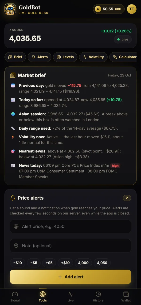 GoldBot App Tools tab: live gold price and the daily market brief